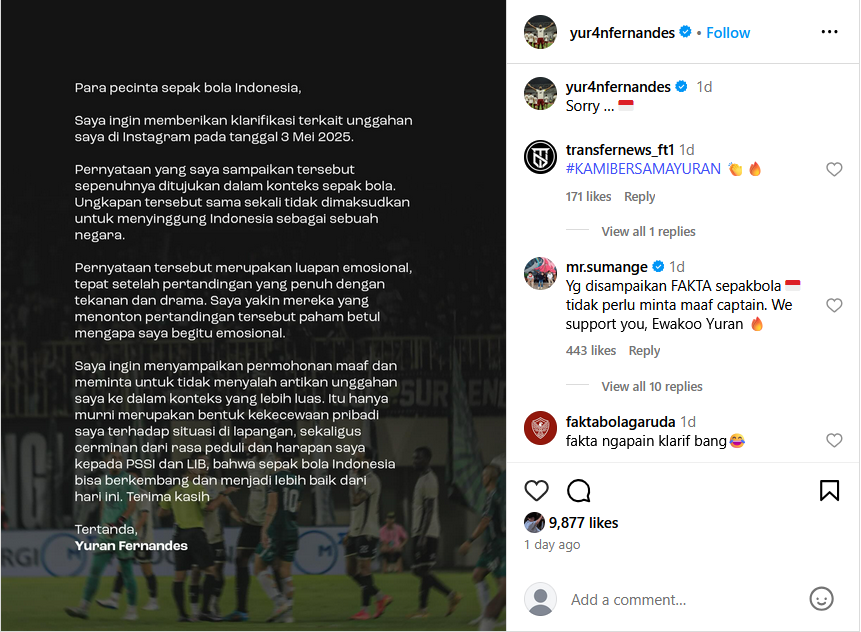 Yuran Fernandes Klarifikasi Pernyataannya: "Unggahan Itu Luapan Emosi, Bukan Serangan terhadap Indonesia" 2 Yuran Fernandes Klarifikasi Pernyataannya: "Unggahan Itu Luapan Emosi, Bukan Serangan terhadap Indonesia"