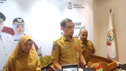 Sekretaris Daerah Kota Makassar, Andi Zulkifly, saat mengumumkan hasil seleksi terbuka tiga besar untuk sembilan jabatan pimpinan tinggi di Balai Kota Makassar, Senin (8/9/2025).